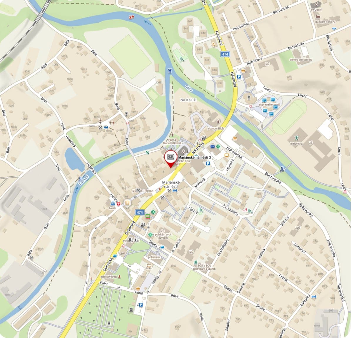 Mapa Jablunkova s vyznačeným studiem Axis Pilates na Mariánském náměstí 3